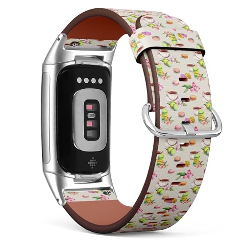 Kompatibel mit Fitbit Charge 5 / Fitbit Charge 6 Ersatz-Lederarmband (Kuchen, Teetasse, Blumen, Rose, Lilie, Kamelie, Sonnenblume), Smartwatch-Armband für Damen und Herren, Veganes Leder, Kein von THAZEE