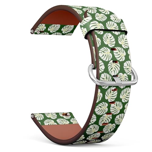 THAZEE 20 mm Schnellverschluss-Ersatz-Lederarmband (weiße Monstera-Blätter) Smartwatch-Armband für Damen und Herren, Kunstleder, Kein Edelstein von THAZEE