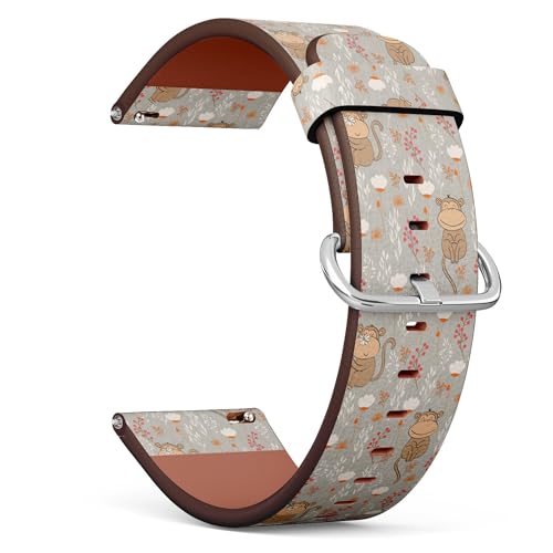 THAZEE 20 mm Schnellverschluss-Ersatzarmband aus Leder (Cartoon-Affen, Blumen) Smartwatch-Armband für Damen und Herren, Kunstleder, Kein Edelstein von THAZEE