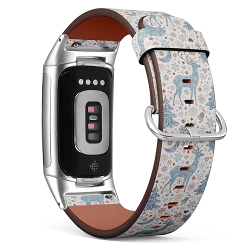 THAZEE Kompatibel mit Fitbit Charge 5 / Fitbit Charge 6 Ersatz-Leder-Uhrenarmband (Weihnachts-Hirsch), Smartwatch-Armband für Damen und Herren, Veganes Leder, Kein Edelstein von THAZEE