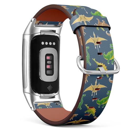 THAZEE Kompatibel mit Fitbit Charge 5 / Fitbit Charge 6 Ersatz-Lederarmband (Dino Cute Cartoon 2) Smartwatch-Armband für Damen und Herren, Veganes Leder, Kein Edelstein von THAZEE