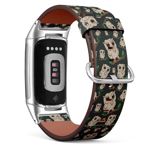 THAZEE Kompatibel mit Fitbit Charge 5 / Fitbit Charge 6 Ersatz-Lederarmband (Eulen) Smartwatch-Armband für Damen und Herren, Veganes Leder, Kein Edelstein von THAZEE