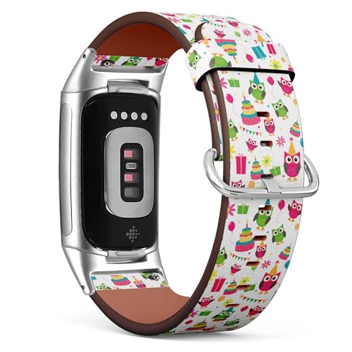 THAZEE Kompatibel mit Fitbit Charge 5 / Fitbit Charge 6 Ersatz-Lederarmband (Eulen-Einladungen, niedliche Feierkarten), Smartwatch-Armband für Damen und Herren, Veganes Leder, Kein Edelstein von THAZEE