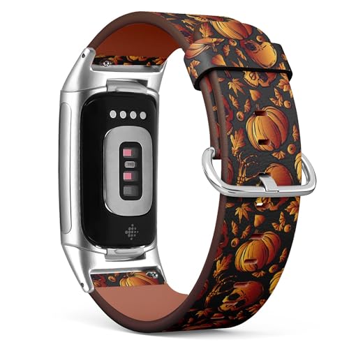 THAZEE Kompatibel mit Fitbit Charge 5 / Fitbit Charge 6 Ersatz-Lederarmband (Halloween-Totenkopfblätter), Smartwatch-Armband für Damen und Herren, Veganes Leder, Kein Edelstein von THAZEE