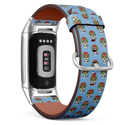 THAZEE Kompatibel mit Fitbit Charge 5 / Fitbit Charge 6 Ersatz-Lederarmband (Katze, Weihnachtskranz), Smartwatch-Armband für Damen und Herren, Veganes Leder, Kein Edelstein von THAZEE