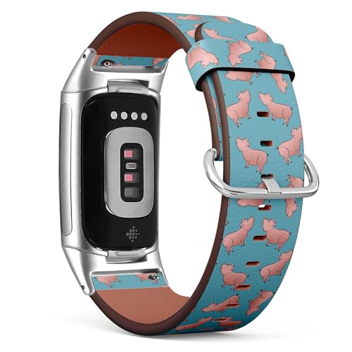 THAZEE Kompatibel mit Fitbit Charge 5 / Fitbit Charge 6 Ersatz-Lederarmband (Symbol 2019 Pink Pig On) Smartwatch-Armband für Damen und Herren, Veganes Leder, Kein Edelstein von THAZEE