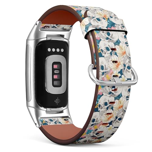 THAZEE Kompatibel mit Fitbit Charge 5 / Fitbit Charge 6 Ersatz-Lederarmband (Totenkopf Hibiskus Blumen) Smartwatch-Armband für Damen und Herren, Veganes Leder, Kein Edelstein von THAZEE