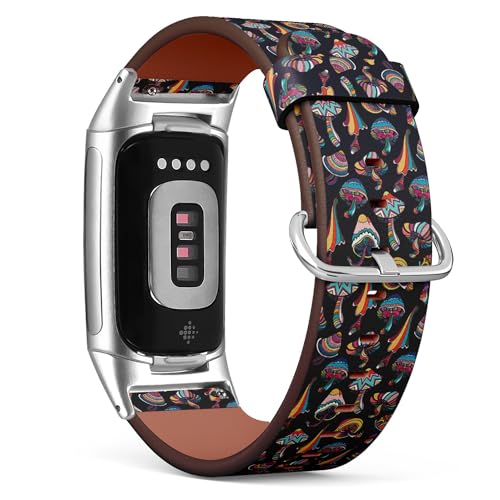 THAZEE Kompatibel mit Fitbit Charge 5 / Fitbit Charge 6 Ersatz-Lederarmband (bunte Pilze Doodle) Smartwatch-Armband für Damen und Herren, Veganes Leder, Kein Edelstein von THAZEE