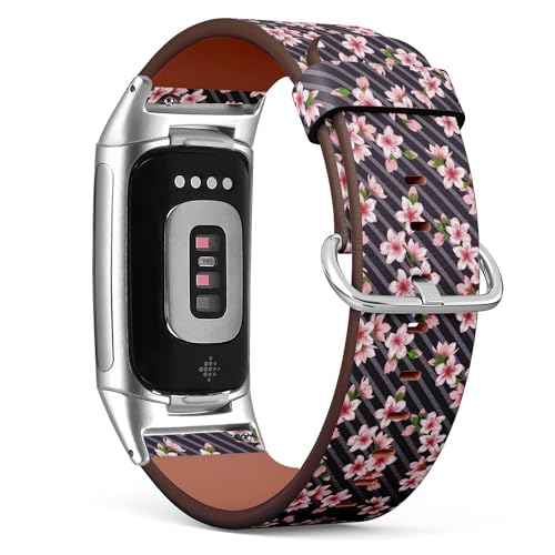 THAZEE Kompatibel mit Fitbit Charge 5 / Fitbit Charge 6 Ersatz-Lederarmband (chinesische Kirschblüte dunkel) Smartwatch-Armband für Damen und Herren, Veganes Leder, Kein Edelstein von THAZEE