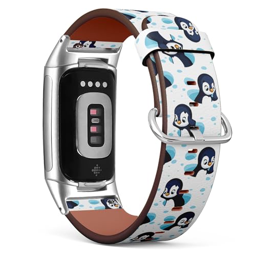 THAZEE Kompatibel mit Fitbit Charge 5 / Fitbit Charge 6 Ersatz-Lederarmband (lustige Cartoon-Pinguine), Smartwatch-Armband für Damen und Herren, Veganes Leder, Kein Edelstein von THAZEE