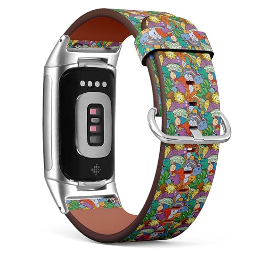 THAZEE Kompatibel mit Fitbit Charge 5 / Fitbit Charge 6 Ersatz-Lederarmband (lustige Doodle Monsters On) Smartwatch-Armband für Damen und Herren, Veganes Leder, Kein Edelstein von THAZEE