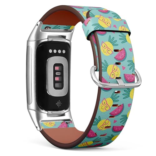 THAZEE Kompatibel mit Fitbit Charge 5 / Fitbit Charge 6 Ersatz-Lederarmband (niedliche Ananas-Wassermelone), Smartwatch-Armband für Damen und Herren, Veganes Leder, Kein Edelstein von THAZEE