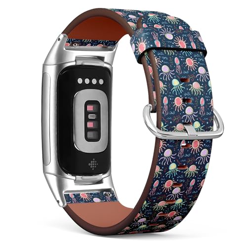 THAZEE Kompatibel mit Fitbit Charge 5 / Fitbit Charge 6 Ersatz-Lederarmband (niedliche Cartoon-Quallen), Smartwatch-Armband für Damen und Herren, Veganes Leder, Kein Edelstein von THAZEE