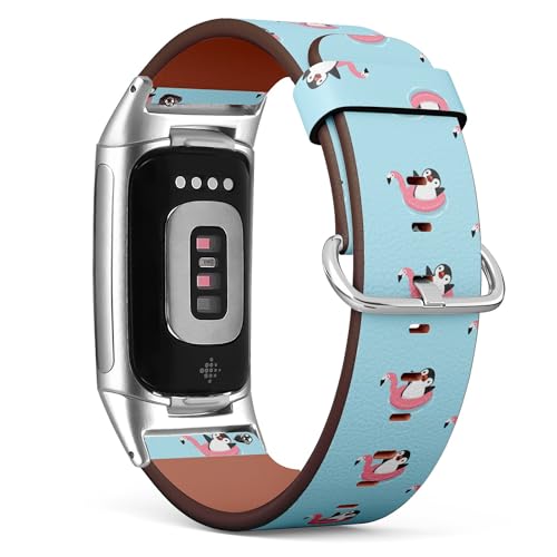 THAZEE Kompatibel mit Fitbit Charge 5 / Fitbit Charge 6 Ersatz-Lederarmband (niedlicher Pinguin-Flamingo-Schwimmer) Smartwatch-Armband für Damen und Herren, Veganes Leder, Kein Edelstein von THAZEE