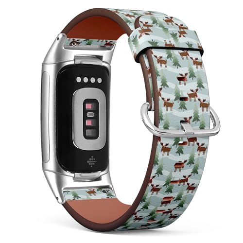 THAZEE Kompatibel mit Fitbit Charge 5 / Fitbit Charge 6 Ersatz-Lederarmband (niedlicher Weihnachtsmelch) Smartwatch-Armband für Damen und Herren, Veganes Leder, Kein Edelstein von THAZEE