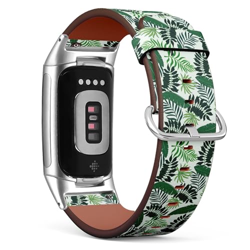 THAZEE Kompatibel mit Fitbit Charge 5 / Fitbit Charge 6 Ersatz-Lederarmband (tropische Palmenblätter) Smartwatch-Armband für Damen und Herren, Veganes Leder, Kein Edelstein von THAZEE