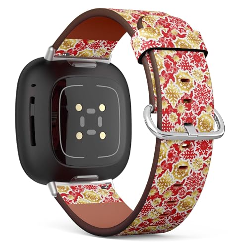 THAZEE Kompatibel mit Fitbit Sense/Sense 2/Versa 4/Versa 3, Ersatz-Lederarmband (goldfarbenes, rotes Papier Schneeflocken) Smartwatch-Armband, Veganes Leder, Kein Edelstein von THAZEE