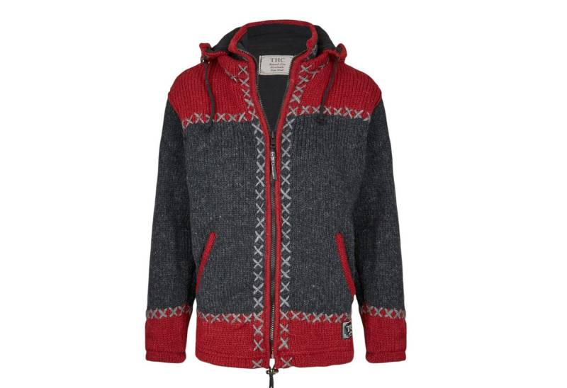 THC Natural Line Strickjacke THC Schafwollstrickjacke anthrazit rot 512 (1 Stück, 1-tlg., 1 Stück) mit abnehmbarer Kapuze von THC Natural Line