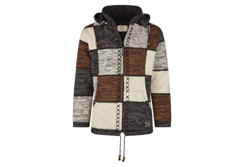 THC Natural Line Strickjacke THC Schafwollstrickjacke braune Quadrate 813 (1 Stück, 1-tlg., 1 Stück) Strickjacke mit abnehmbarer Kapuze von THC Natural Line