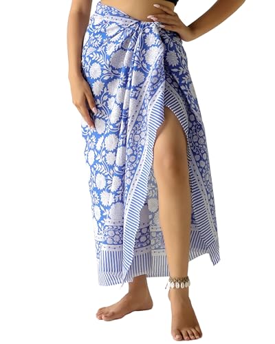 THE ART BOX 100% Baumwolle Sarong Coverup für Frauen Indischer Handblockdruck Badeanzug Pareo Wickelrock Strand Bikini Cover Up Lang (185 x 110 cm) von THE ART BOX