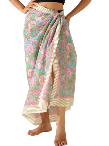 THE ART BOX 100% Baumwolle Sarong Coverup für Frauen Indischer Handblockdruck Badeanzug Pareo Wickelrock Strand Bikini Cover Up Lang (185 x 110 cm) von THE ART BOX
