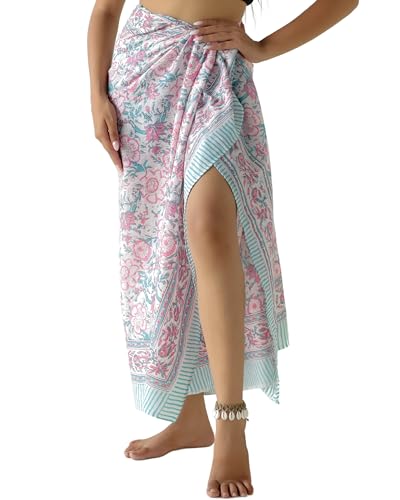 THE ART BOX 100% Baumwolle Sarong Coverup für Frauen Indischer Handblockdruck Badeanzug Pareo Wickelrock Strand Bikini Cover Up Lang (185 x 110 cm) von THE ART BOX