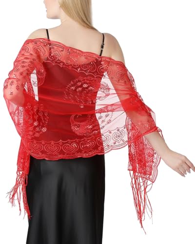 THE ART BOX 1920 inspirierter funkelnder Metallic-Schal und Wickel für Damen, glitzernder Netz-Pailletten-Umhang mit Fransenkanten für Abendkleider und Hochzeitsfeiern von THE ART BOX