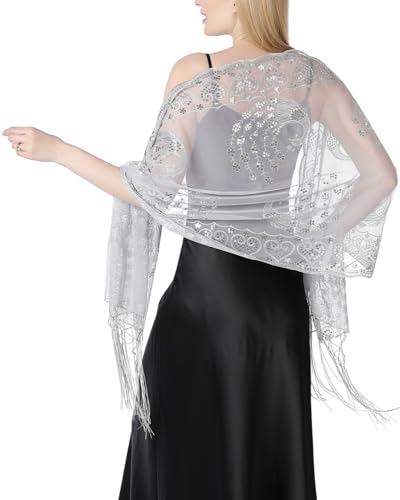 THE ART BOX 1920 inspirierter funkelnder Metallic-Schal und Wickel für Damen, glitzernder Netz-Pailletten-Umhang mit Fransenkanten für Abendkleider und Hochzeitsfeiern von THE ART BOX