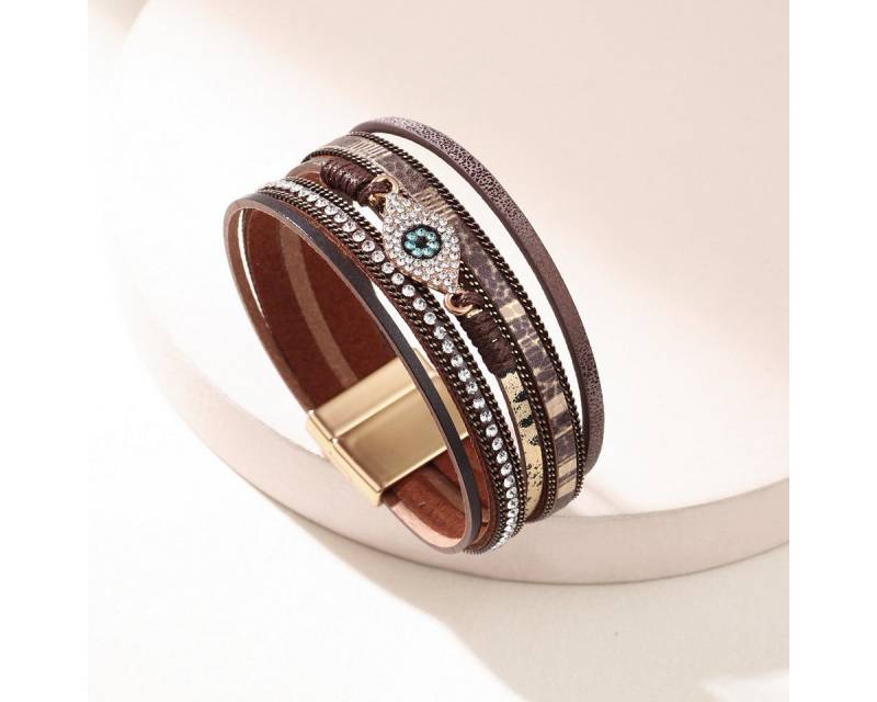 THE FASHION HOUSE Lederarmband Damen Braun mit Strass & Auge-Anhänger – Magnetverschluss, Boho Style von THE FASHION HOUSE