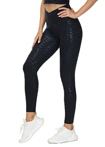 THE GYM PEOPLE Damen-Yoga-Leggings mit V-förmigem Kreuzbund und hoher Taille, Bauchkontrolle, Workout-Laufhose, Schwarz, Leopardenmuster, Größe M, M von THE GYM PEOPLE