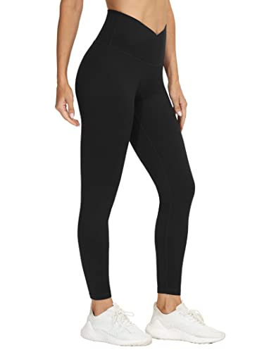 THE GYM PEOPLE Damen-Yoga-Leggings mit V-förmigem Kreuzbund und hoher Taille, Bauchkontrolle, Workout-Laufhose, Schwarz, Größe S von THE GYM PEOPLE