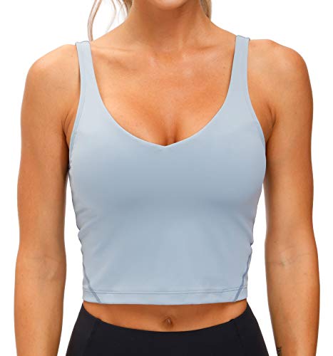 THE GYM PEOPLE Damen Sport-BH Longline drahtlos gepolstert mit mittlerer Unterstützung, Denim-blau, Small von THE GYM PEOPLE