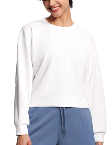 THE GYM PEOPLE Damen Crewneck Cropped Pullover Sweatshirt Cute Basic Lange Ärmel Workout Tops, Weiss/opulenter Garten, M von THE GYM PEOPLE