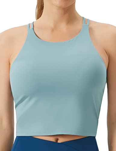 THE GYM PEOPLE Damen Cross Back Sport BH Neckholder Workout Crop Tank Tops mit abnehmbaren Pads, Denim Blau, Medium von THE GYM PEOPLE