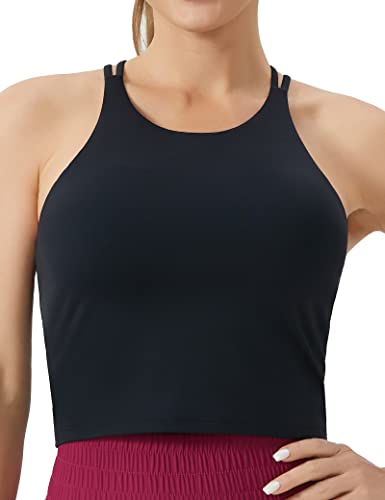 THE GYM PEOPLE Damen Cross Back Sport BH Neckholder Workout Crop Tank Tops mit abnehmbaren Pads, Schwarz, Medium von THE GYM PEOPLE