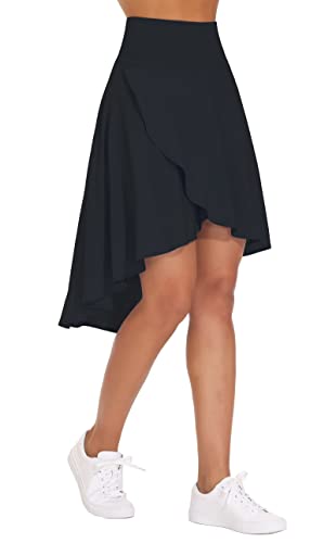 THE GYM PEOPLE Damen Hohe Taille Wrap Rüschen Saum Asymmetrisch Skort High Low Flowy Midi Rock mit Shorts, Schwarz, Mittel von THE GYM PEOPLE