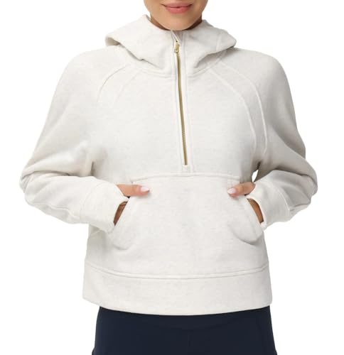 THE GYM PEOPLE Damen Hoodies Halber Reißverschluss Langarm Fleece Crop Pullover Sweatshirts mit Taschen Daumenloch, Cremeweiß, XL von THE GYM PEOPLE