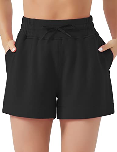 THE GYM PEOPLE Damen Kordelzug Sweatshorts Hohe Taille Sommer Workout Lounge Shorts mit Taschen, Schwarz, Mittel von THE GYM PEOPLE