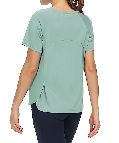 THE GYM PEOPLE Damen Kurzärmeliges Shirts mit Rundhalsausschnitt Atmungsaktiv Yoga T-Shirts mit Seitenschlitzen Light Green XL von THE GYM PEOPLE