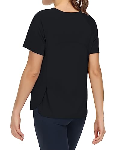 THE GYM PEOPLE Damen Kurzärmeliges Shirts mit Rundhalsausschnitt Atmungsaktiv Yoga T-Shirts mit Seitenschlitzen Black S von THE GYM PEOPLE