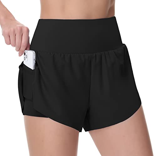 THE GYM PEOPLE Damen Laufshorts mit Netzfutter, hohe Taille, für Tennis, Workout, Shorts mit Reißverschluss, schwarz, Mittel von THE GYM PEOPLE