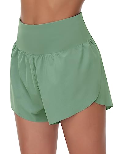 THE GYM PEOPLE Damen Laufshorts mit hoher Taille, Netzfutter, Seitenschlitz, Workout-Shorts, Reißverschlusstasche, Jasmingrün, Mittel von THE GYM PEOPLE