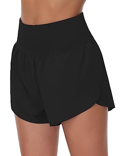 THE GYM PEOPLE Damen Laufshorts mit hoher Taille, Netzfutter, Seitenschlitz, Workout-Shorts, Reißverschlusstasche, Schwarz, Klein von THE GYM PEOPLE