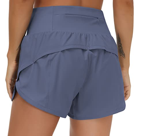 THE GYM PEOPLE Damen-Laufshorts mit hoher Taille, schnell trocknend, sportlich, Workout-Shorts mit Netzfutter, Reißverschlusstaschen, Blau (Ink Blue), Klein von THE GYM PEOPLE