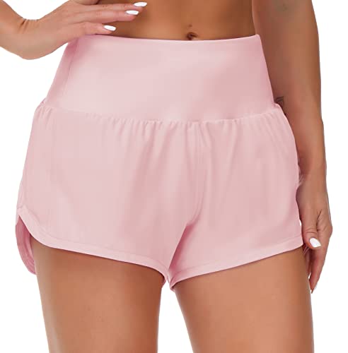 THE GYM PEOPLE Damen-Laufshorts mit hoher Taille, schnell trocknend, sportlich, Workout-Shorts mit Netzfutter, Reißverschlusstaschen, Pink, Klein von THE GYM PEOPLE