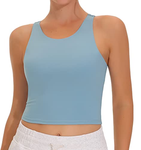 THE GYM PEOPLE Damen Racerback Longline Sport BH Abnehmbarer Gepolsterter Hoher Hals Workout Yoga Crop Tops, Denim Blau, Medium von THE GYM PEOPLE