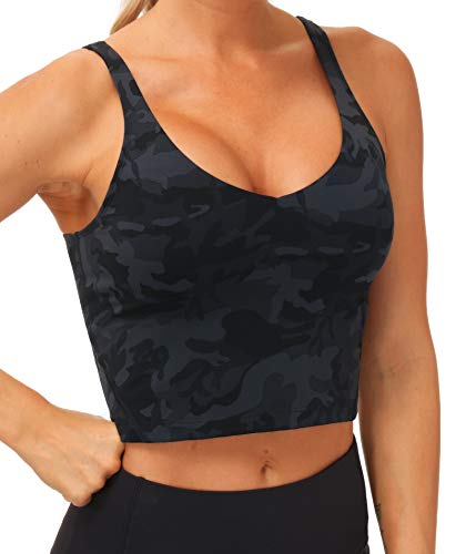 THE GYM PEOPLE Damen Sport-BH Longline drahtlos gepolstert mit mittlerer Unterstützung, Schwarzgrau, Camouflage, M von THE GYM PEOPLE