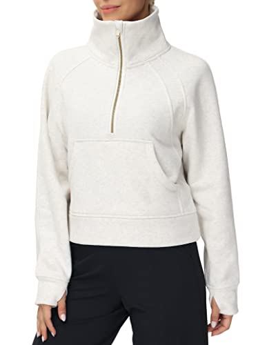 THE GYM PEOPLE Damen-Sweatshirt mit halbem Reißverschluss, Fleece, Stehkragen, Bauchfreies Sweatshirt mit Taschen, Daumenloch, beige, 36 von THE GYM PEOPLE