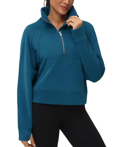 THE GYM PEOPLE Damen-Sweatshirt mit halbem Reißverschluss, Fleece, Stehkragen, bauchfreies Sweatshirt mit Taschen, Daumenloch, Dunkelblau-Grün, M von THE GYM PEOPLE