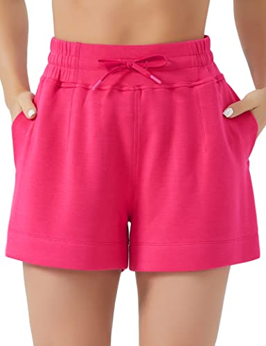 THE GYM PEOPLE Damen Sweatshorts mit Kordelzug, hohe Taille, Sommer, Workout, Lounge-Shorts mit Taschen, Helles Rosa, Klein von THE GYM PEOPLE